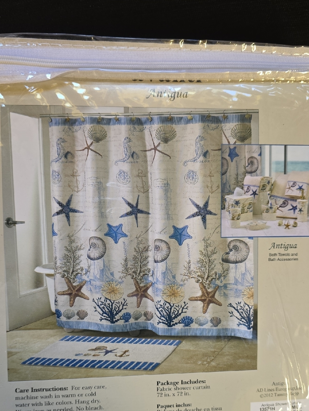 Antigua Nautical Starfish & Seashell Shower Curtain - New! Blue, Cream, Brown
